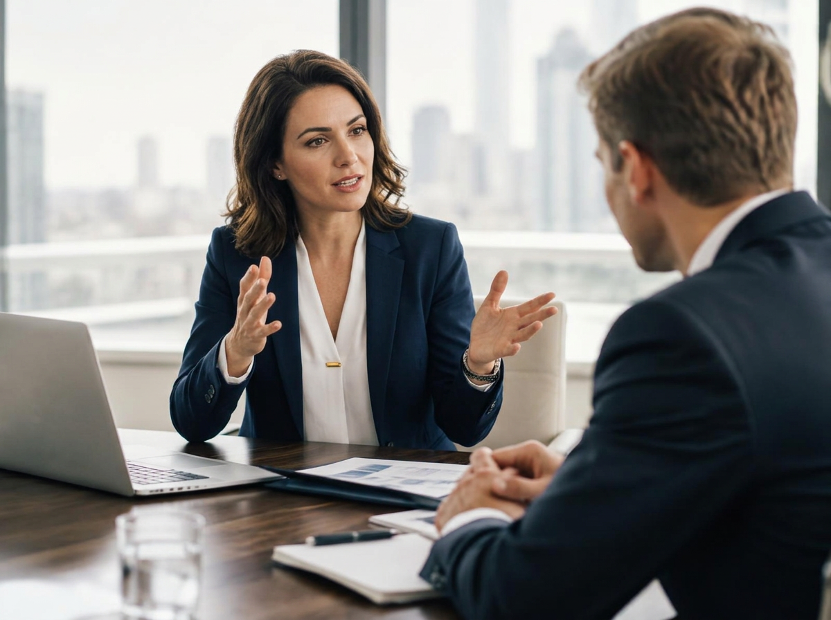 Woman in a navy blazer presenting a sales pitch to a colleague across an executive desk